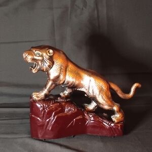 Vintage Bronze Roaring Jaguar Sculpture on Brown Base